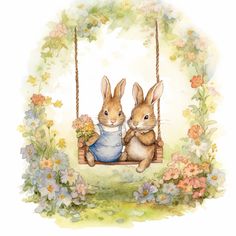 two rabbits are sitting on a swing with flowers around them and one is holding a cup