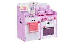 a pink and white wooden play kitchen set