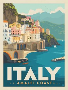 an italian travel poster with the words italy amalfi coast on it's side