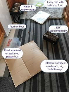 an open cardboard box sitting on the floor with words describing what it is and how to use it