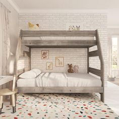 a bedroom with a bunk bed and white brick walls