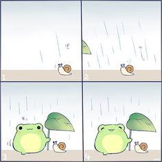 a comic strip with an image of a frog holding an umbrella and snail on the ground