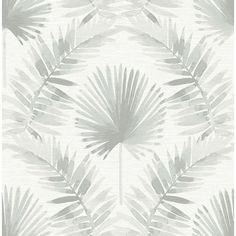 a white and beige wallpaper with palm leaves