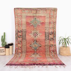 an antique rug is displayed on the floor next to potted cacti and plants