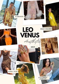 the cover of leo venus magazine features photos of models in gold and orange outfits, including one woman's hand on her hippoise