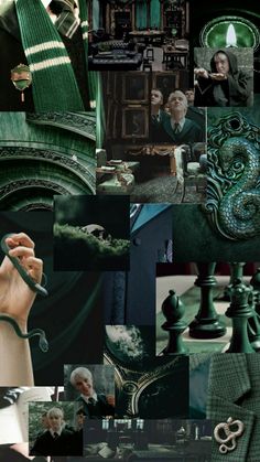 a collage of green and black images with people in the background, including a man holding a pipe