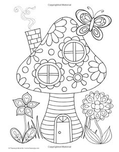 a mushroom house with flowers and butterflies in the garden coloring page for kids to color