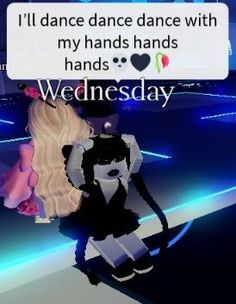 an animated image of a woman dancing with her hands in the air and texting that reads, i'll dance dance dance with my hands hands hands wednesday