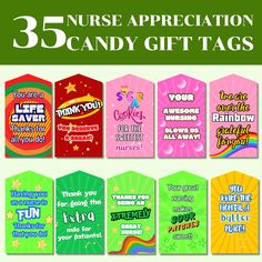 five nurse appreciation candy gift tags with the text,'nurse appreciation candy gift tags '