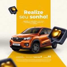 an orange car is shown with the words realize se sonho