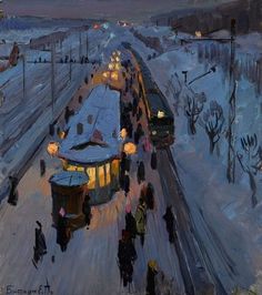 a painting of people walking on a snowy street