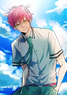 a man with pink hair and glasses is standing in front of the blue cloudy sky