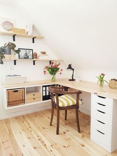 a desk with two drawers and a chair next to it on a hard wood floor