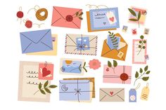 many envelopes with flowers and hearts