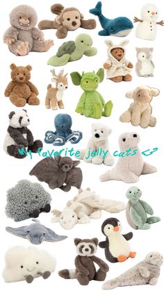 many different stuffed animals are shown together