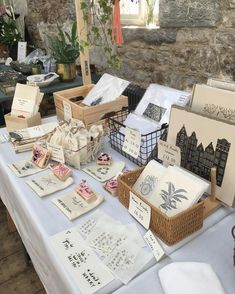 a table with cards and baskets on it