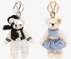 two teddy bears wearing clothes and sunglasses are shown in the same keychain style