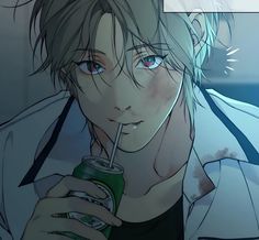 an anime character holding a drink in his hand and looking at the camera with blue eyes