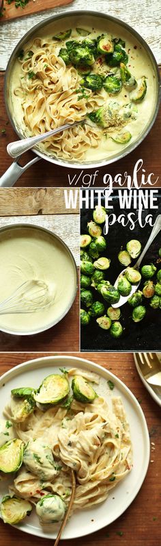 this is an image of pasta with white wine sauce and brussel sprouts