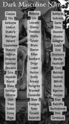 a black and white photo with the names of many different types of people in front of a statue