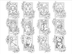 the twelve zodiac signs in black and white on a white background with flowers, leaves and animals