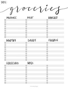 a printable grocery list with the words grocery written in cursive writing on it