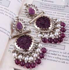 Purple Aesthetic Earrings, Luxury Traditional Bridal Earrings With Peacock Design, Luxury Chandbalis For Navratri Wedding, Luxury Festive Earrings With Zari Work, Luxury Earrings With Intricate Design For Diwali, Luxury Cutdana Earrings For Festivals, Luxury Fusion Earrings For Festive Occasion, Luxury Gemstone Chandbali Danglers, Luxury Chandbali Earrings For Reception