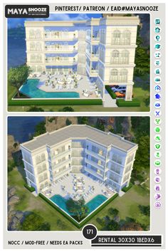 two renderings of the front and back sides of a large white building with swimming pool