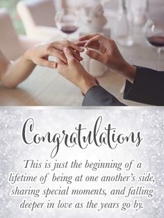 two people holding hands over a table with wine glasses on it and the words congratulations