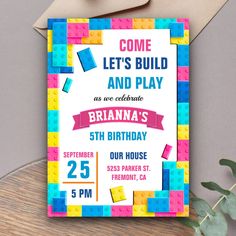 a birthday party card with lego blocks on it