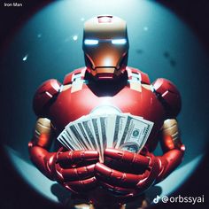 an iron man holding money in his hands