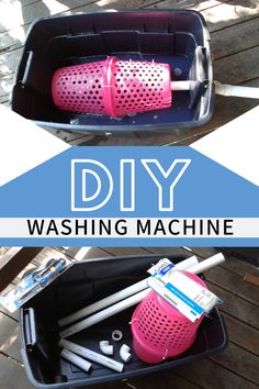 two pictures with the words diy washing machine and cleaning supplies in it, on top of