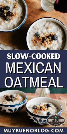 two bowls filled with oatmeal sitting on top of a wooden table