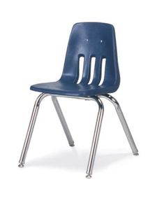 a blue classroom chair with metal legs