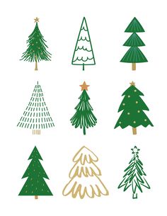 christmas trees in green and gold on a white background