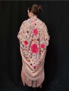 Pink Vintage Flowers, Silk Shawl, Pink Vintage