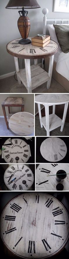 several different pictures of an old coffee table with roman numerals painted on it