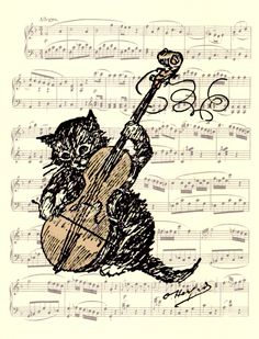 a drawing of a cat playing the guitar with music notes behind it and an image of a