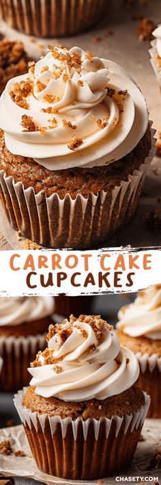 carrot cake cupcakes with cream cheese frosting and toasted crumbs