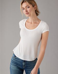 AE Soft & Sexy Scoop Neck Ribbed T-Shirt Women's Jeans, American Eagle Outfitters, Ribbed Tee, U Neck, Neck T Shirt, American Eagle, Scoop Neck, T Shirt