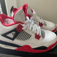 Jordan 4. Red, White, & Black. Only Worn Once. Shoes Jordans 4s, Jordan 4 All Colors, White Oreo Jordan 4 Fits, White And Red Shoes Outfit, Aesthetic Jordan 4, Jordan 4 Fits, Red And White Jordans, Jordan 4 Shoes, Retro 4s