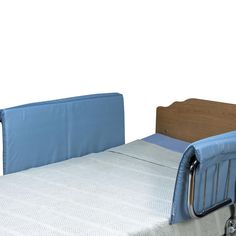 a bed with a wooden headboard and mattress on it's side, against a white background