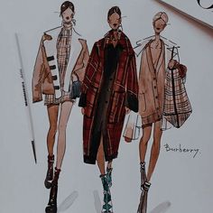 two women in plaid coats and boots walking down the runway