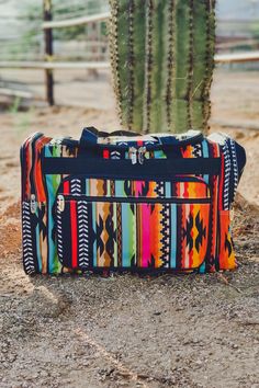 a colorful bag sitting in front of a cactus