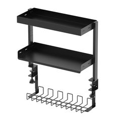 a black shelf with four shelves and five hooks