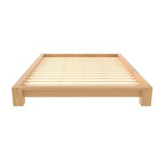 a wooden bed frame with no sheets on it, in front of a white background