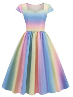 1950s Rainbow Gradient Sweetheart Cap Sleeved Dress | Retro Stage Pastel Rainbow Dress Women, Kidcore Dress, Ombre Dresses, Best Dress For Girl, Vibrant Gradient, Retro Stage, Rainbow Sherbet, Rainbow Gradient, Ombre Dress