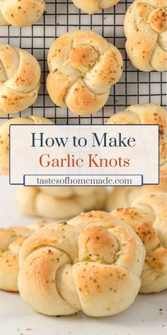 garlic knots on a cooling rack with text overlay