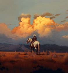 a painting of a man riding a horse in the desert under a cloudy sky with mountains