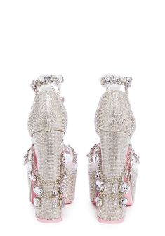 Sugar Thrillz Rhinestone Gemstone Bling Platform Heels - Silver Rhinestone Platform Sandals, Talon Versace, Holy Revelation Platform Heels, Pink Platform Heels, Diamond Heels, Heels Aesthetic, Heels Silver, Cute Shoes Heels, Pink Platforms